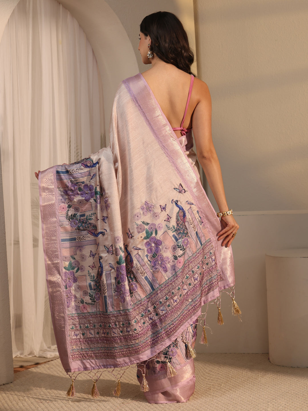  Libas Beige Peacock Silk Blend Tassel Saree with Woven Border 