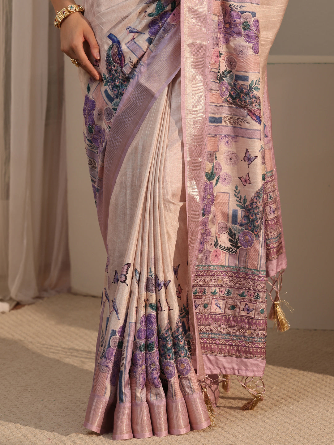  Libas Beige Peacock Silk Blend Tassel Saree with Woven Border 