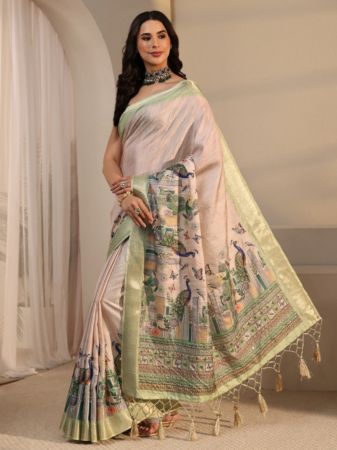  Libas Beige Peacock Silk Blend Tassel Saree with Woven Border 