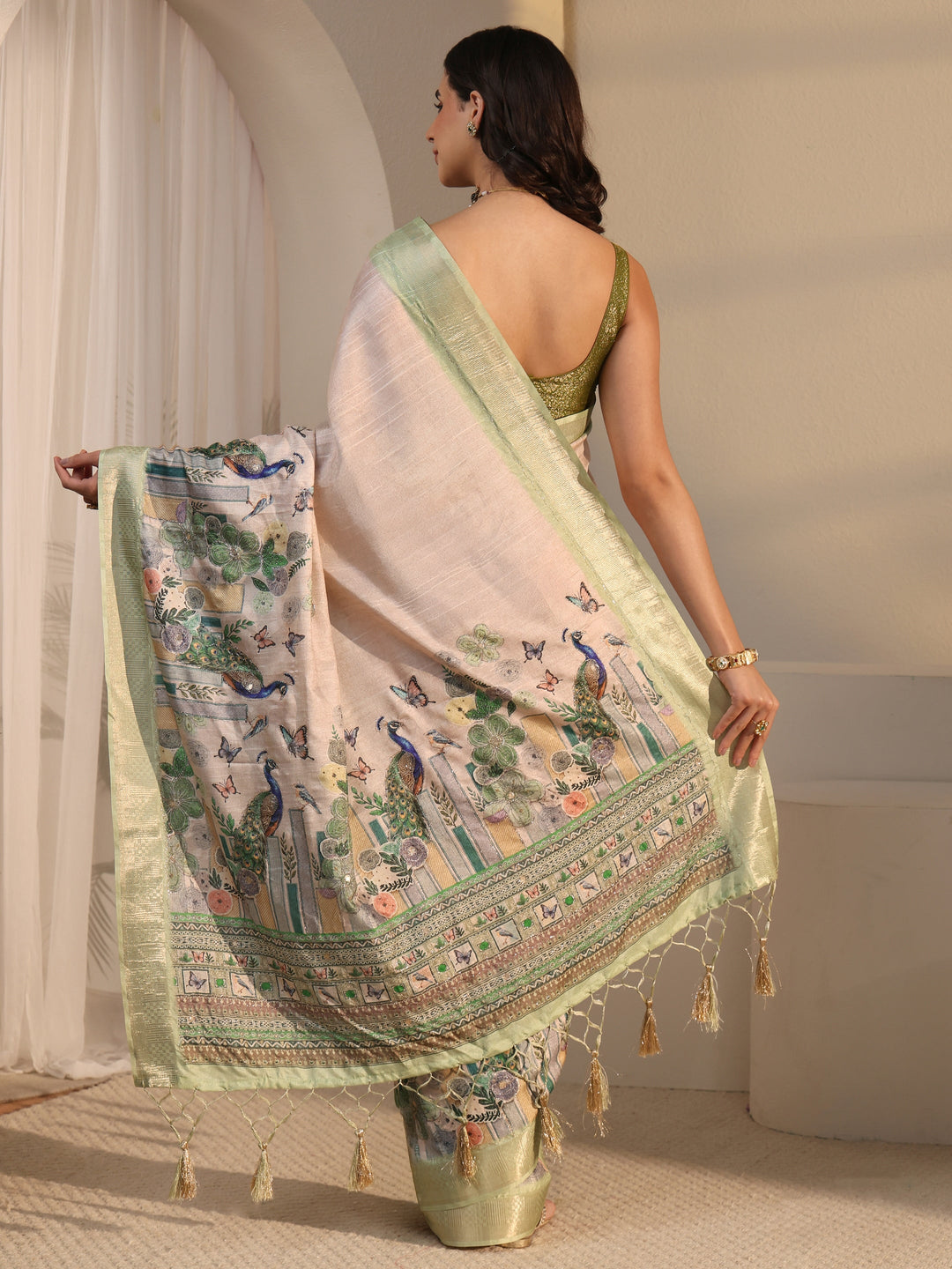  Libas Beige Peacock Silk Blend Tassel Saree with Woven Border 