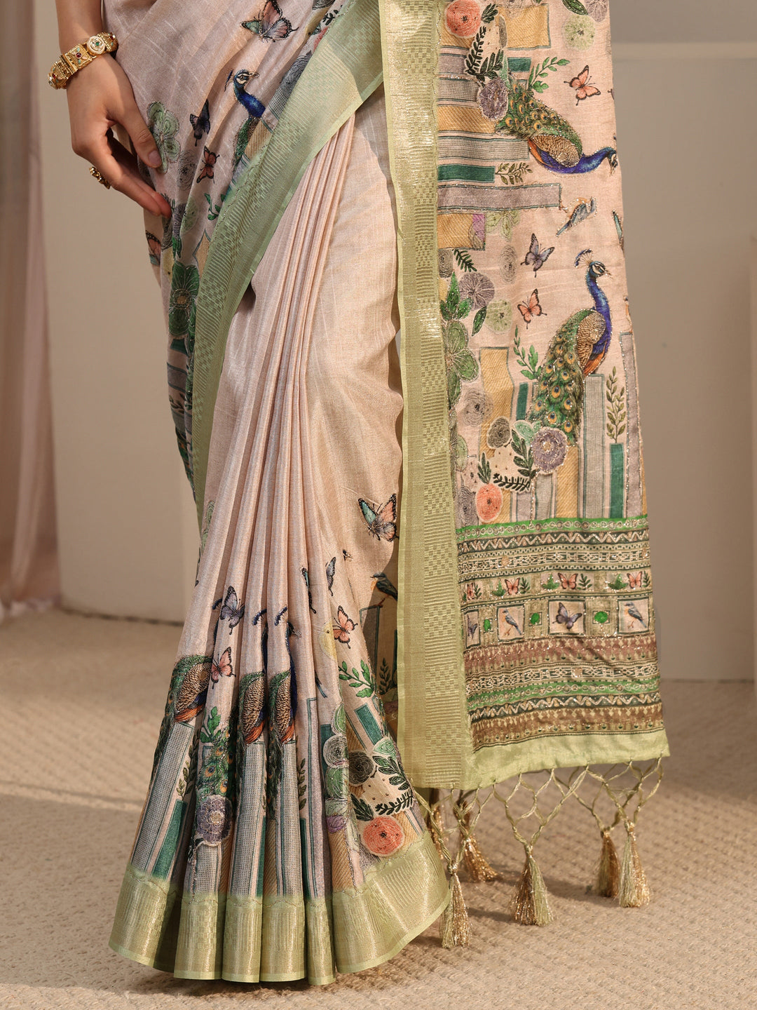  Libas Beige Peacock Silk Blend Tassel Saree with Woven Border 