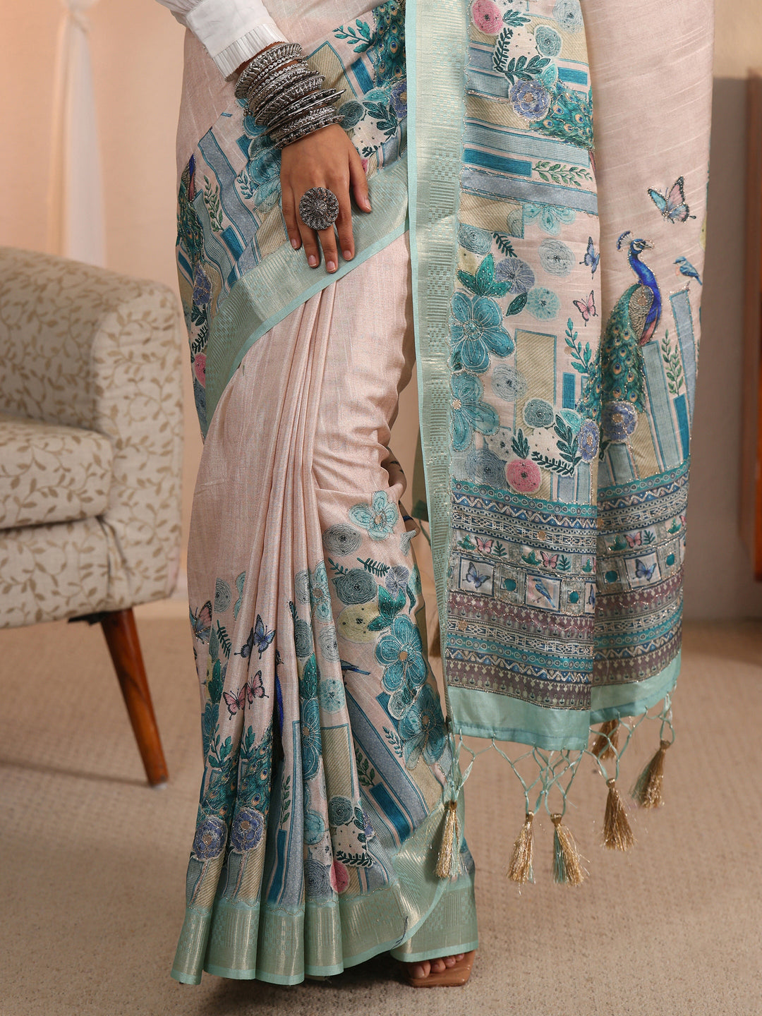  Libas Beige and Blue Printed Silk Blend Tassel Saree 