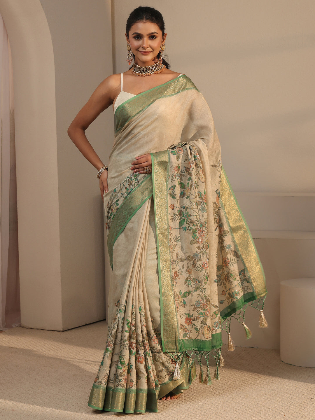  Libas Beige Floral Printed Silk Blend Tassel Saree with Woven Border 