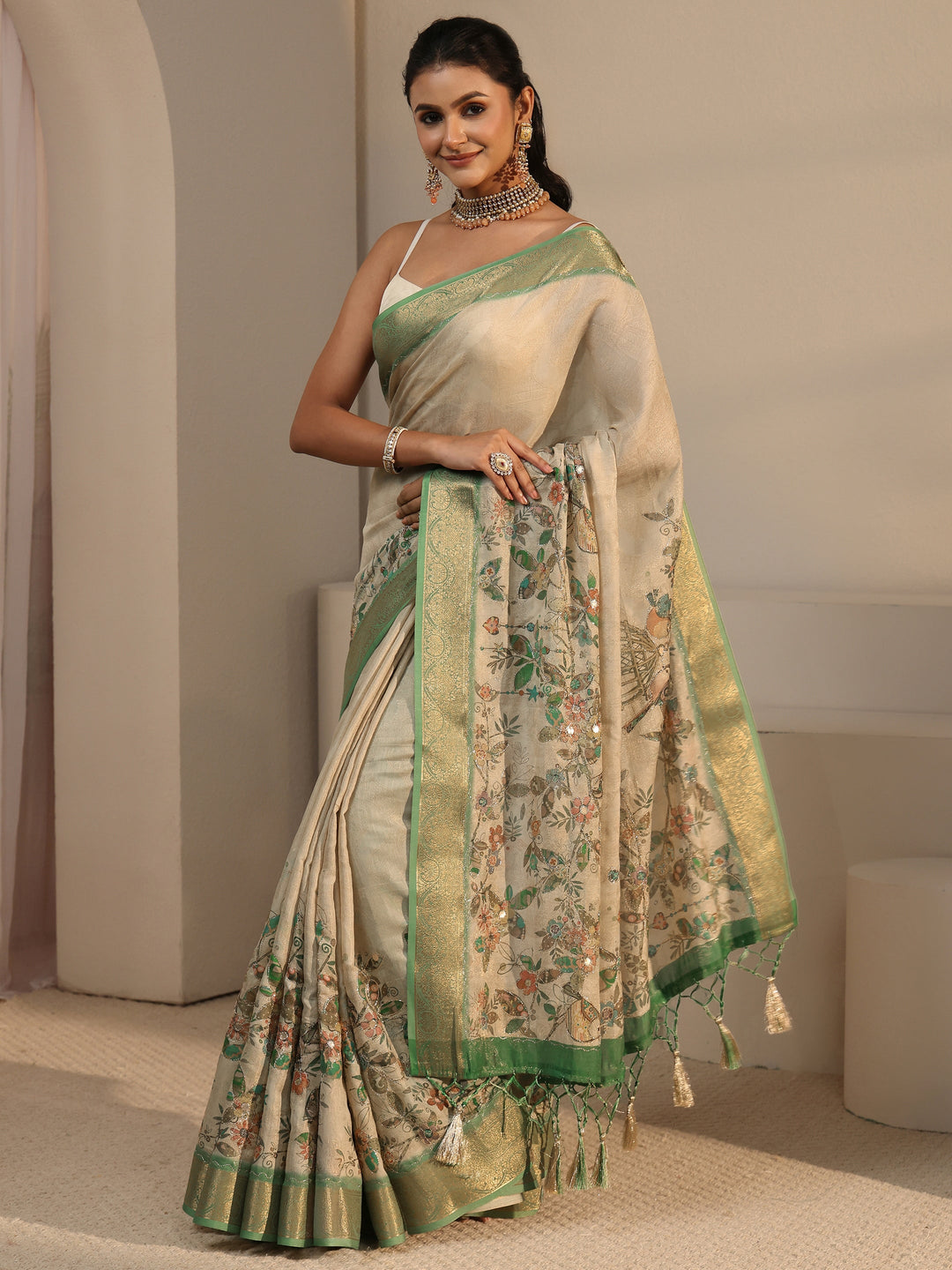  Libas Beige Floral Printed Silk Blend Tassel Saree with Woven Border 