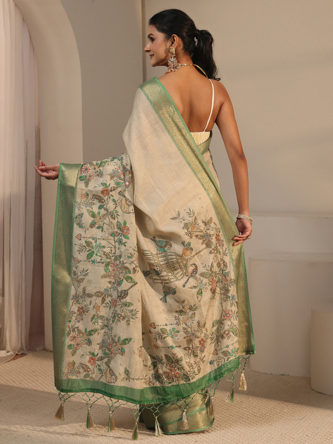  Libas Beige Floral Printed Silk Blend Tassel Saree with Woven Border 