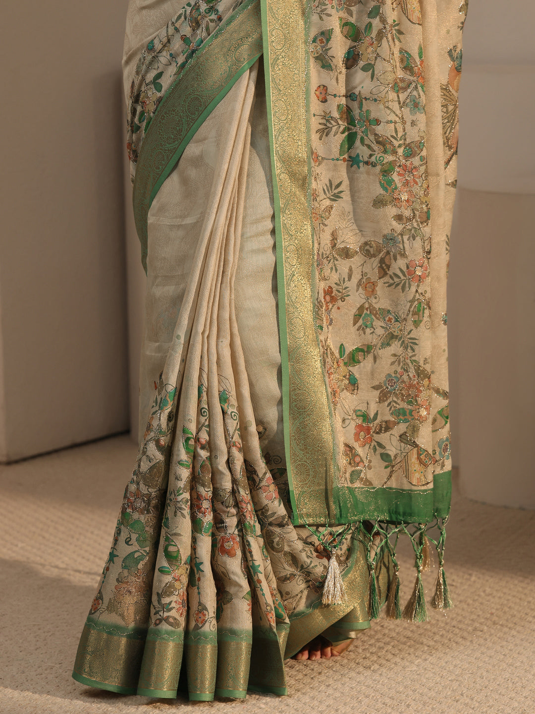  Libas Beige Floral Printed Silk Blend Tassel Saree with Woven Border 
