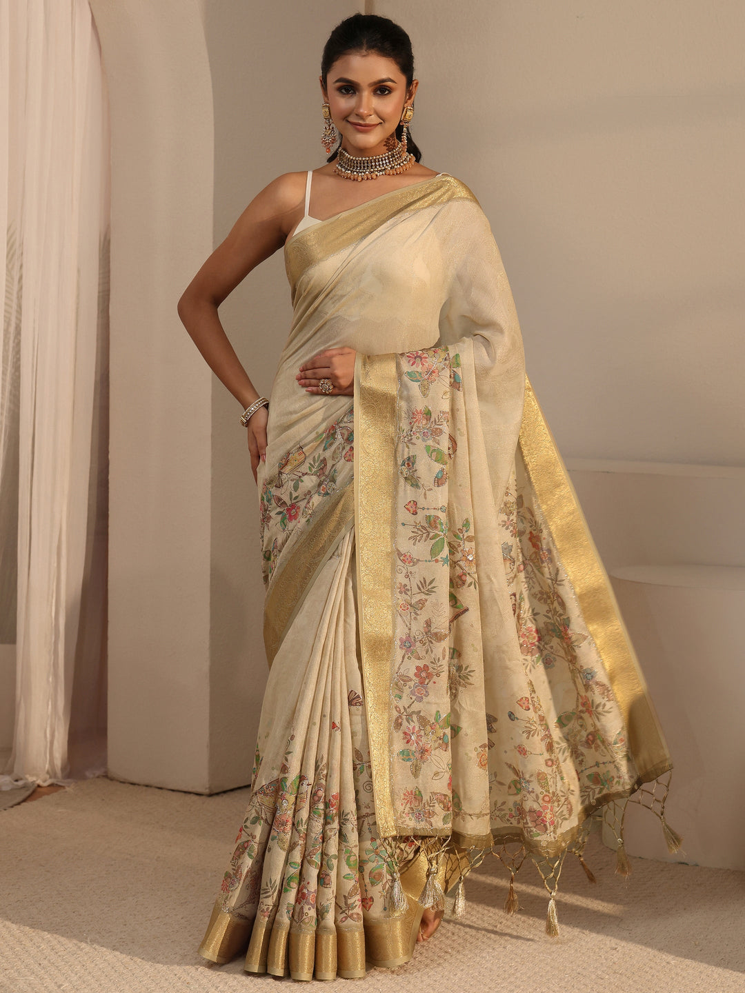  Libas Beige Floral Printed Silk Blend Tassel Saree with Woven Border 