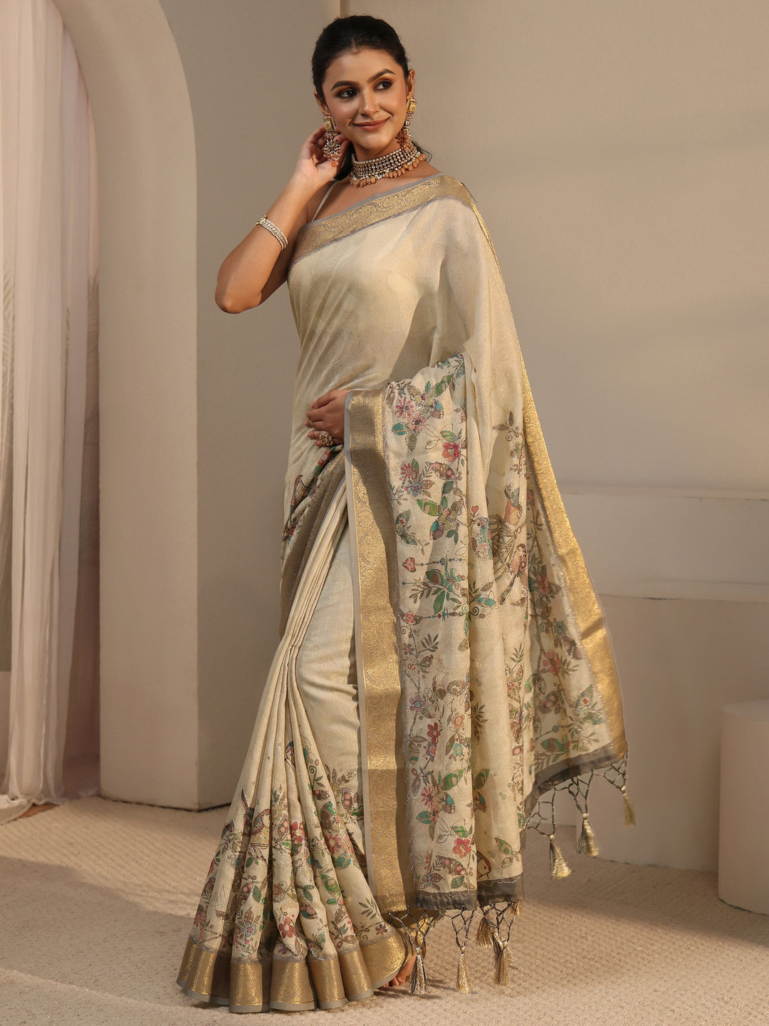  Libas Beige Floral Printed Silk Blend Tassel Saree with Woven Border 