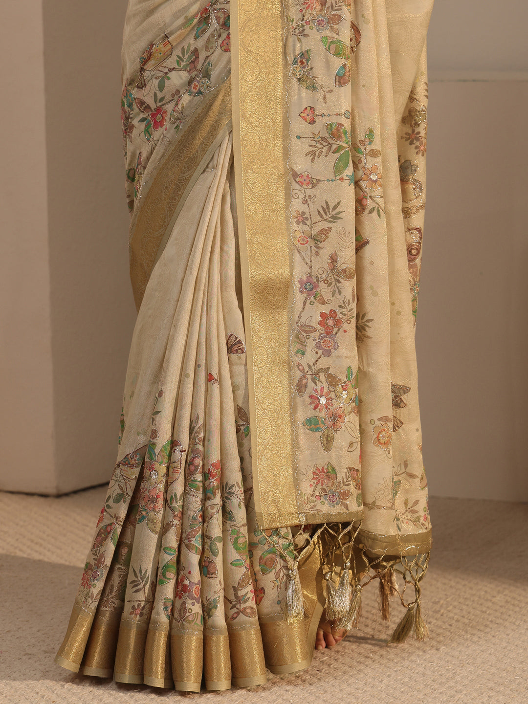  Libas Beige Floral Printed Silk Blend Tassel Saree with Woven Border 