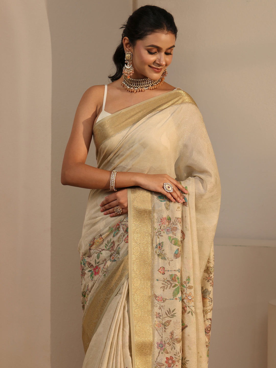  Libas Beige Floral Printed Silk Blend Tassel Saree with Woven Border 