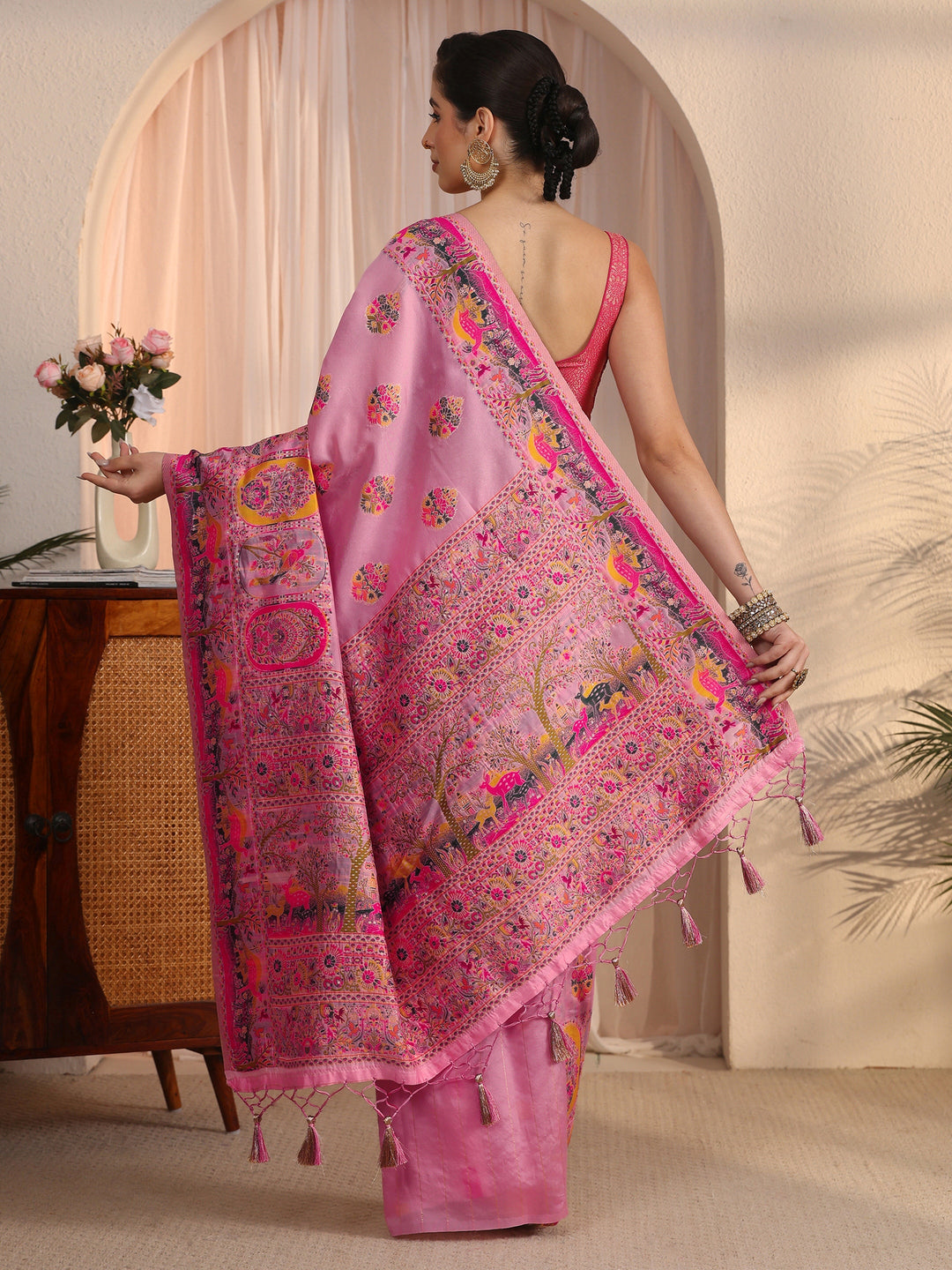  Libas Rose Pink Woven Design Silk Blend Tassel Saree 
