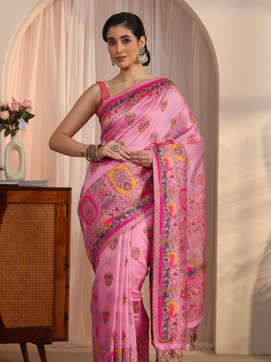 Libas Rose Pink Woven Design Silk Blend Tassel Saree 
