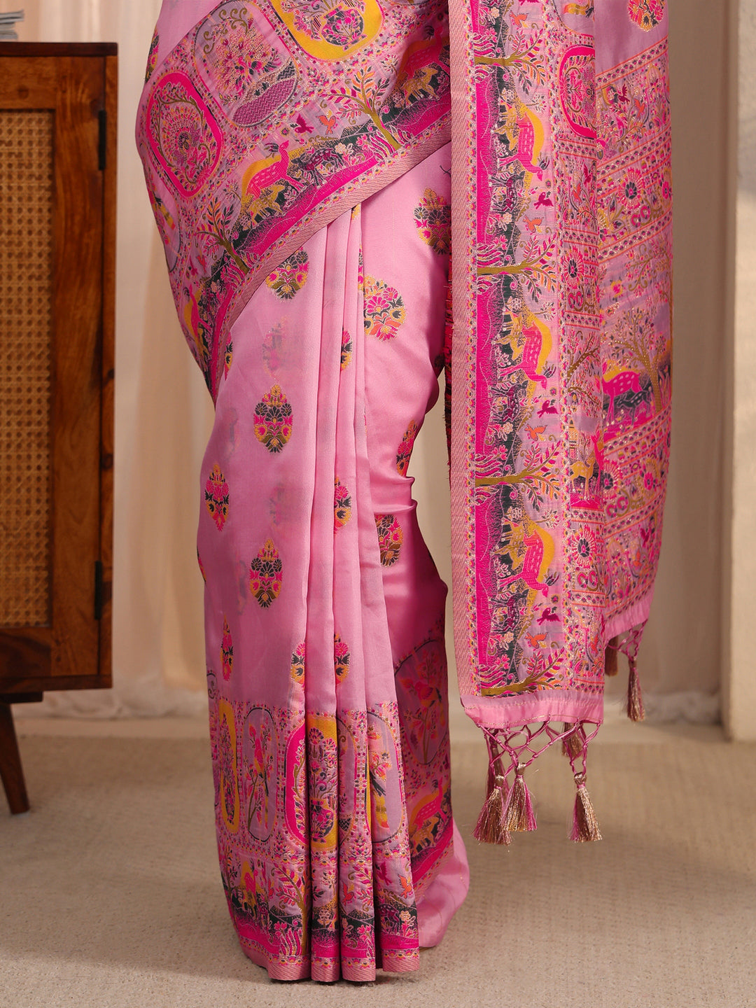  Libas Rose Pink Woven Design Silk Blend Tassel Saree 