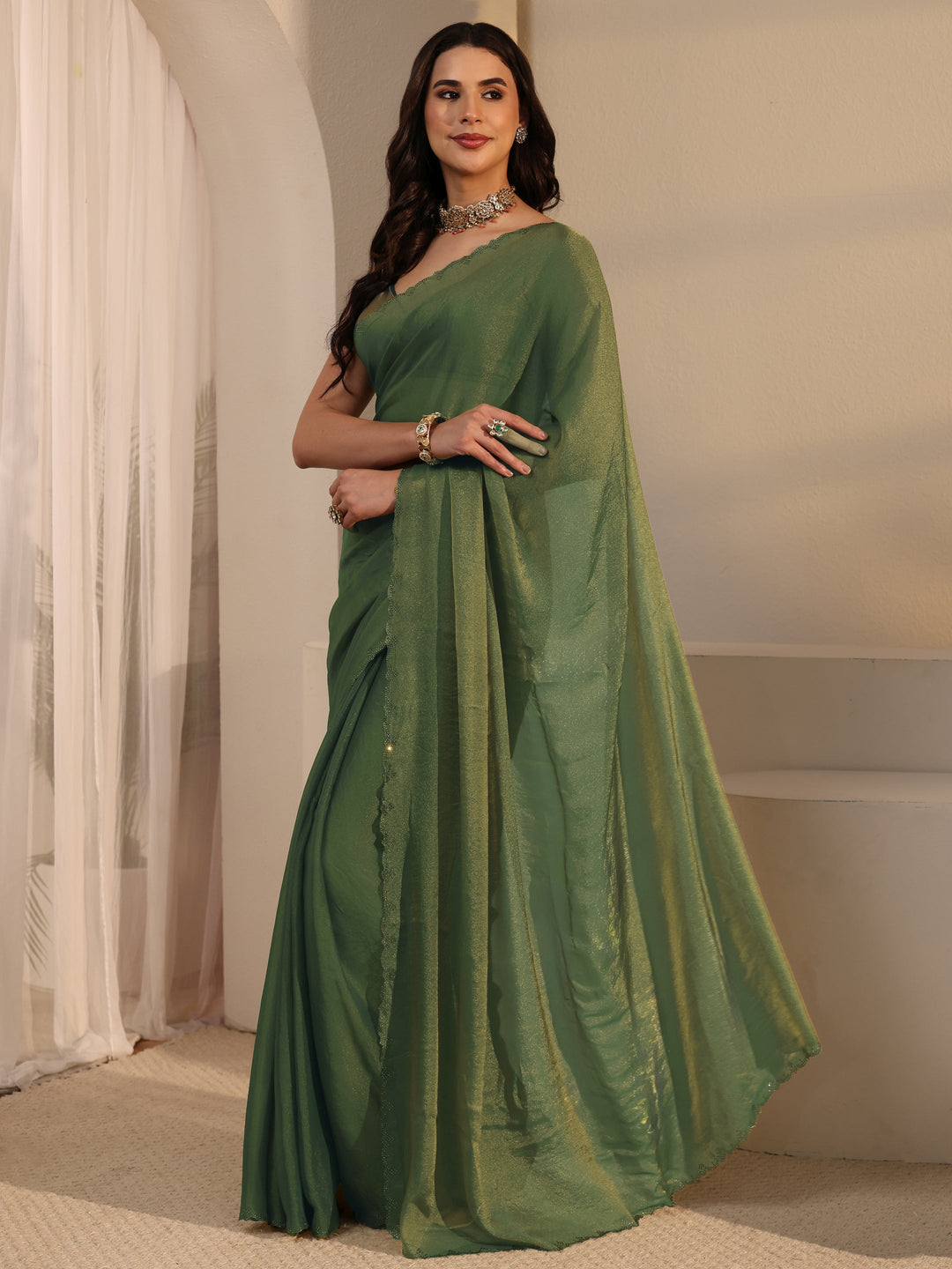  Libas Green Tissue Saree with Embellished Border 