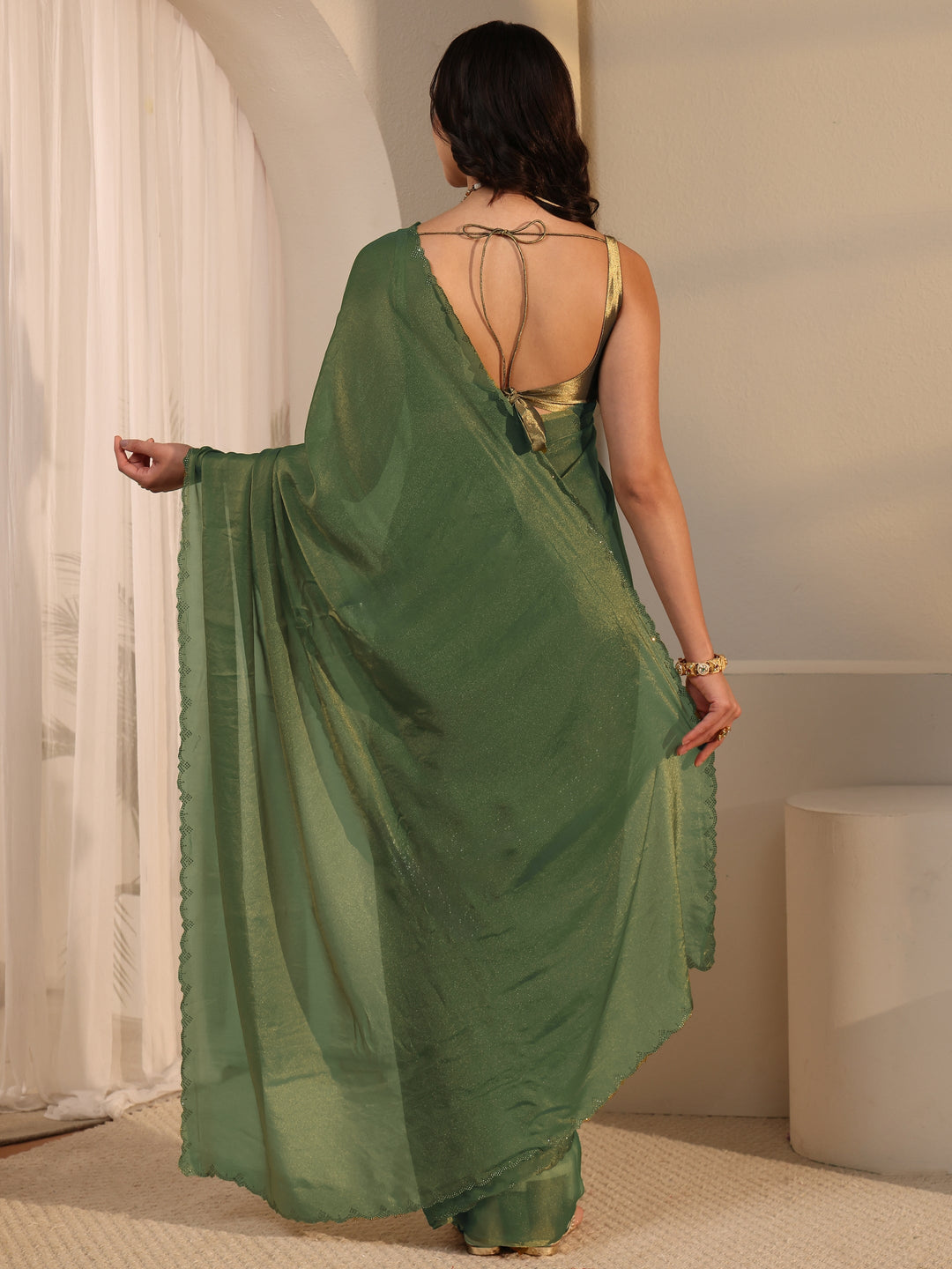  Libas Green Tissue Saree with Embellished Border 