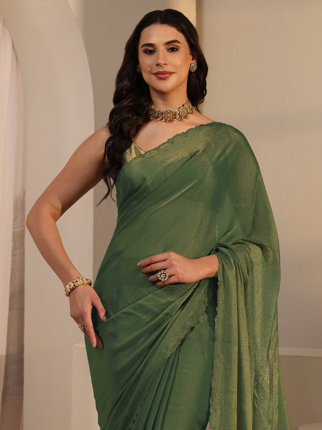 Libas Green Tissue Saree with Embellished Border 