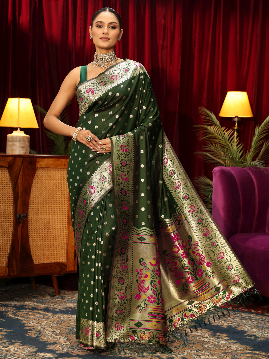  Libas Bottle Green Silk Blend Paithani Tassel Saree 