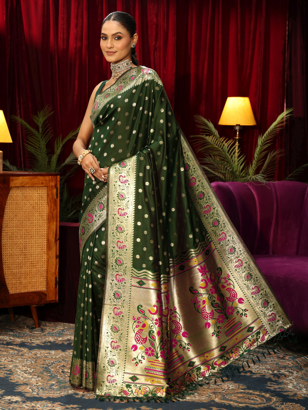  Libas Bottle Green Silk Blend Paithani Tassel Saree 