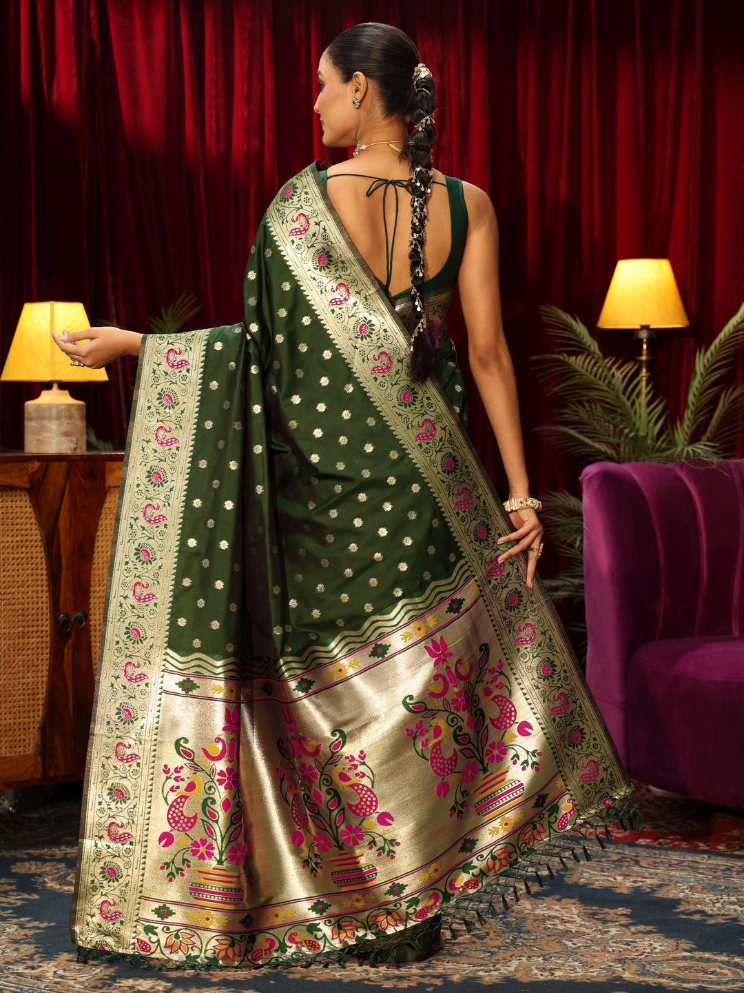  Libas Bottle Green Silk Blend Paithani Tassel Saree 