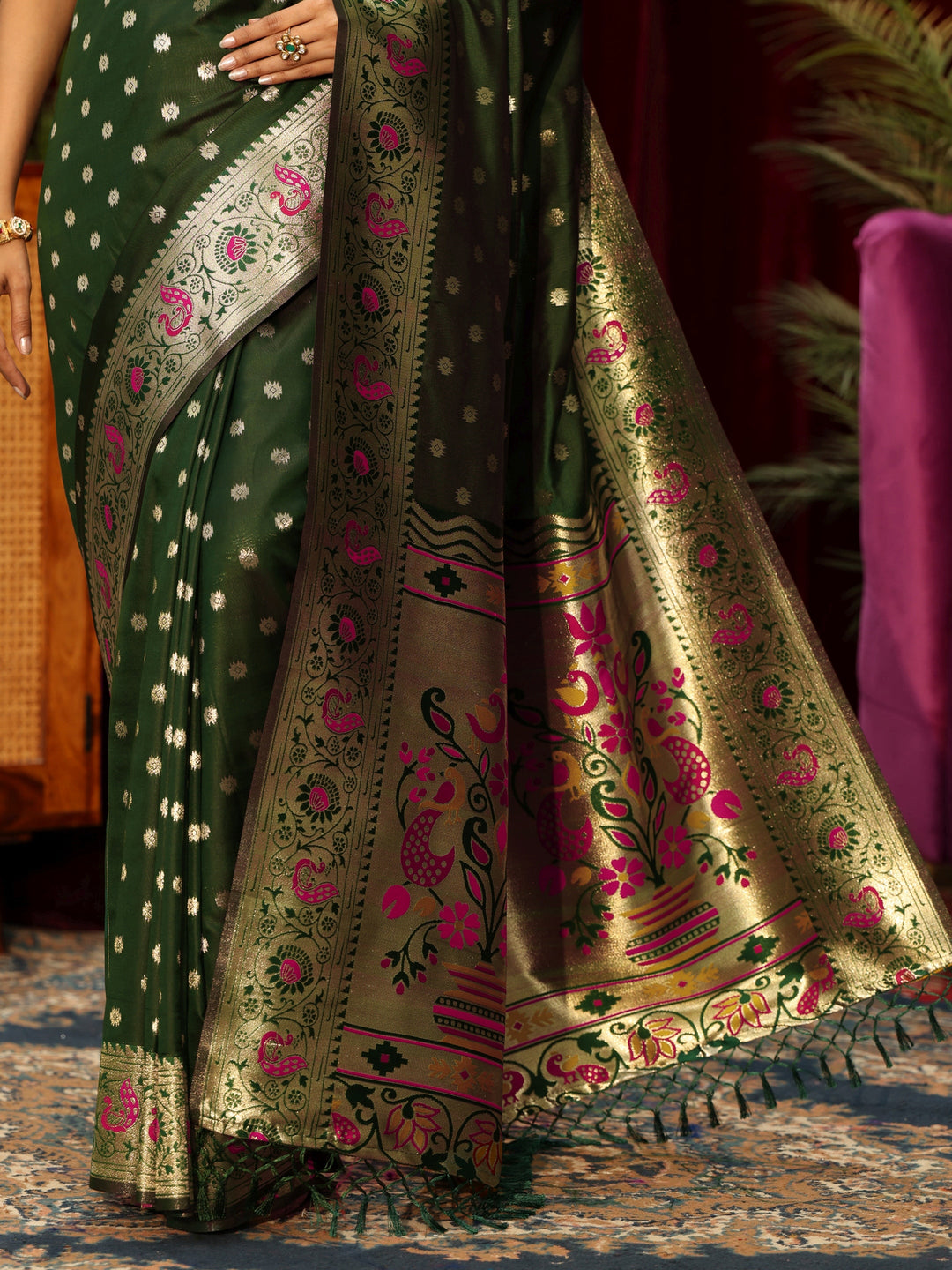  Libas Bottle Green Silk Blend Paithani Tassel Saree 