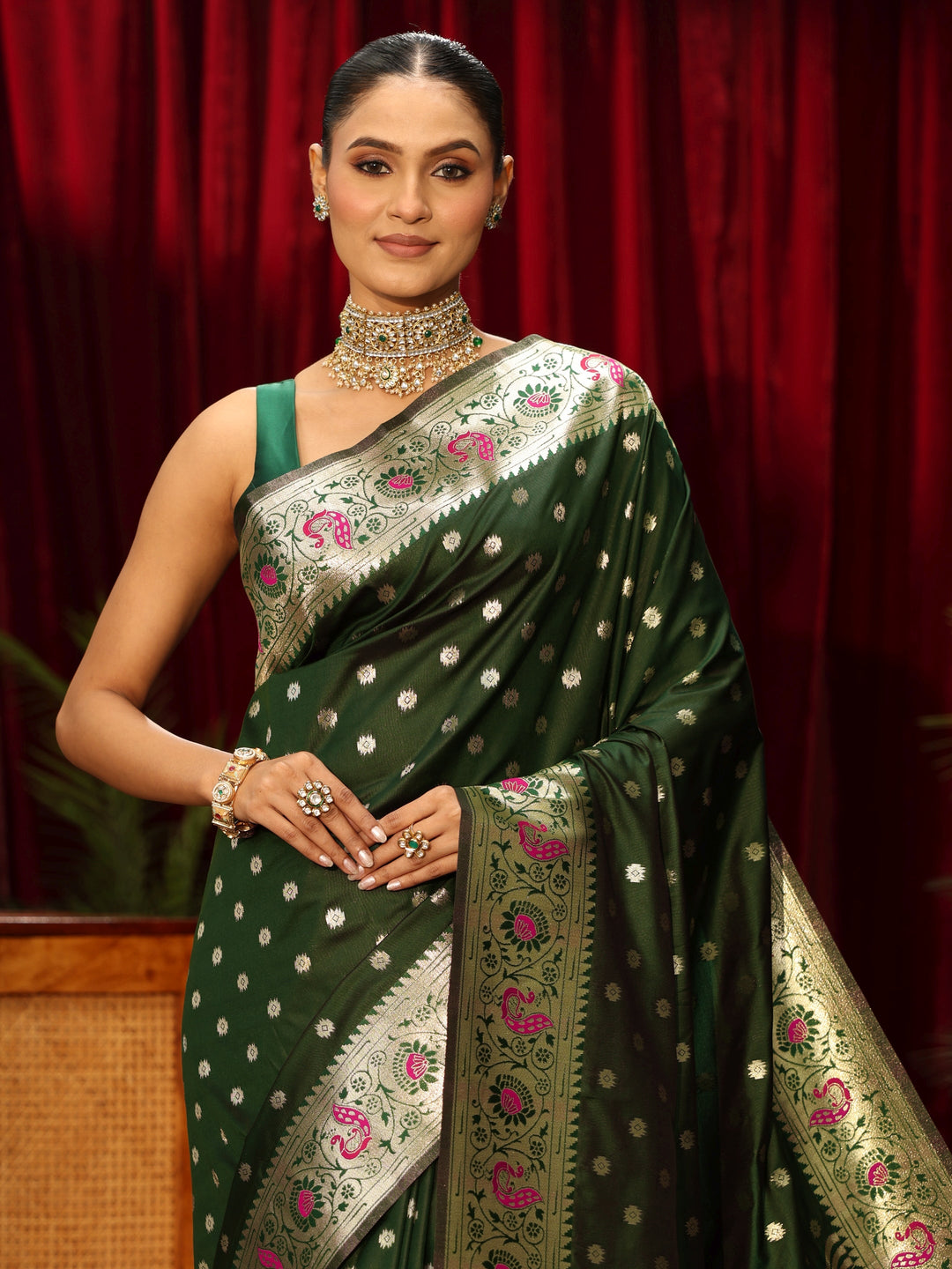  Libas Bottle Green Silk Blend Paithani Tassel Saree 