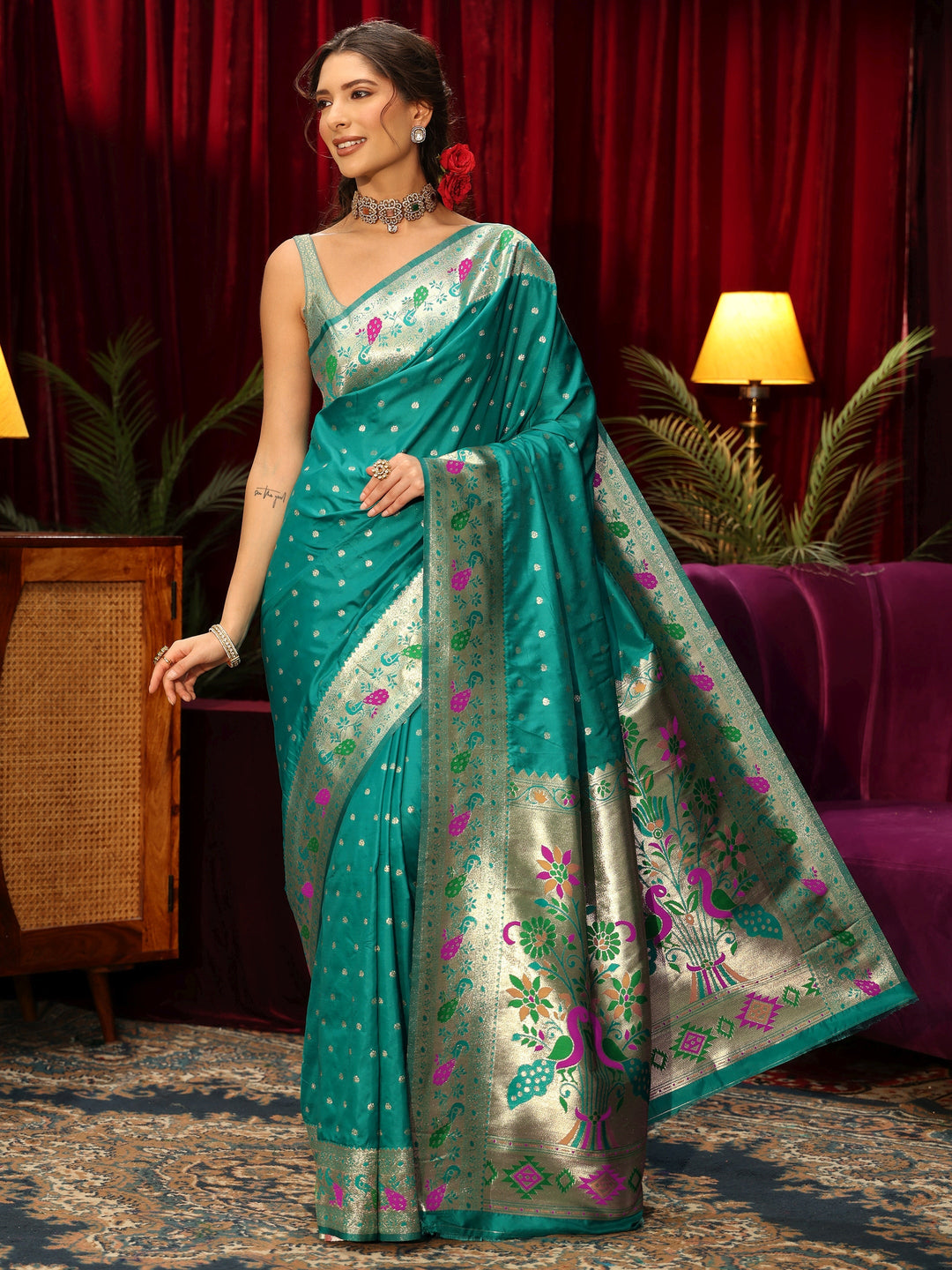  Libas Sea Green Silk Blend Paithani Saree 