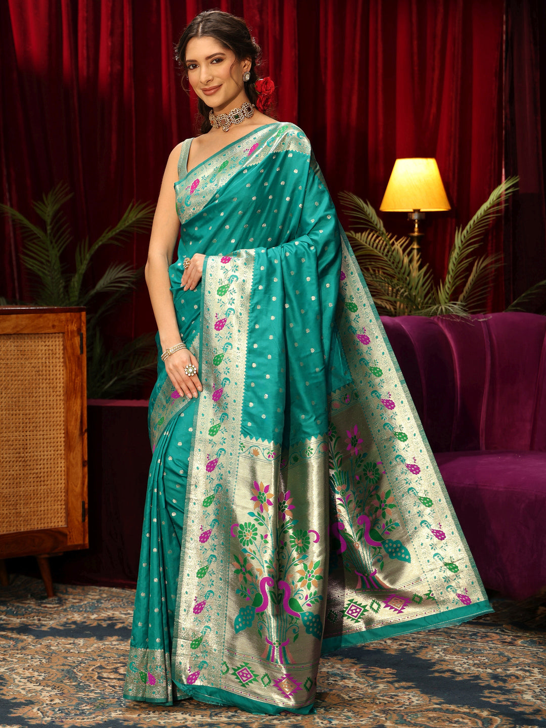  Libas Sea Green Silk Blend Paithani Saree 