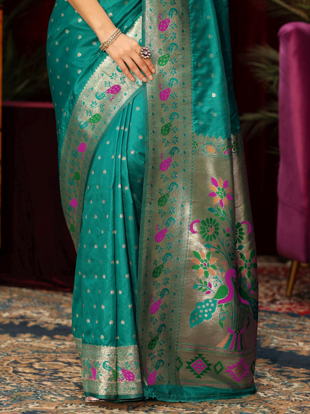  Libas Sea Green Silk Blend Paithani Saree 