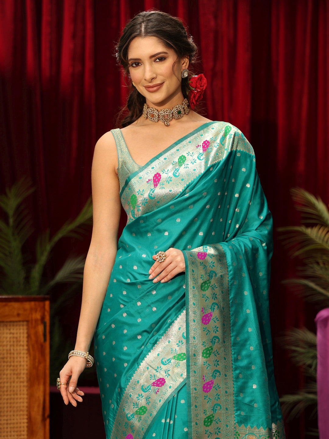  Libas Sea Green Silk Blend Paithani Saree 