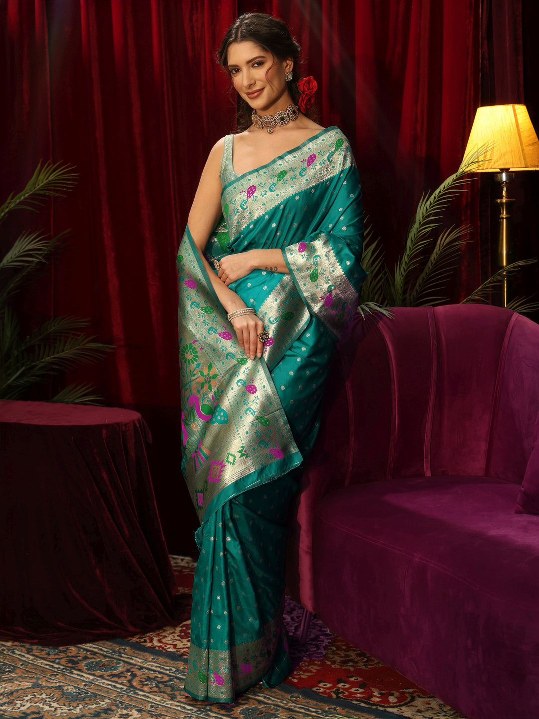  Libas Sea Green Silk Blend Paithani Saree 