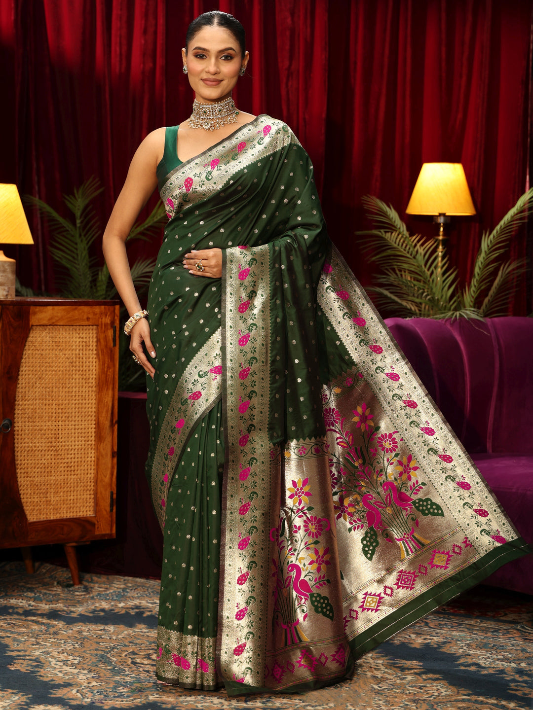  Libas Dark Green Silk Blend Paithani Saree 