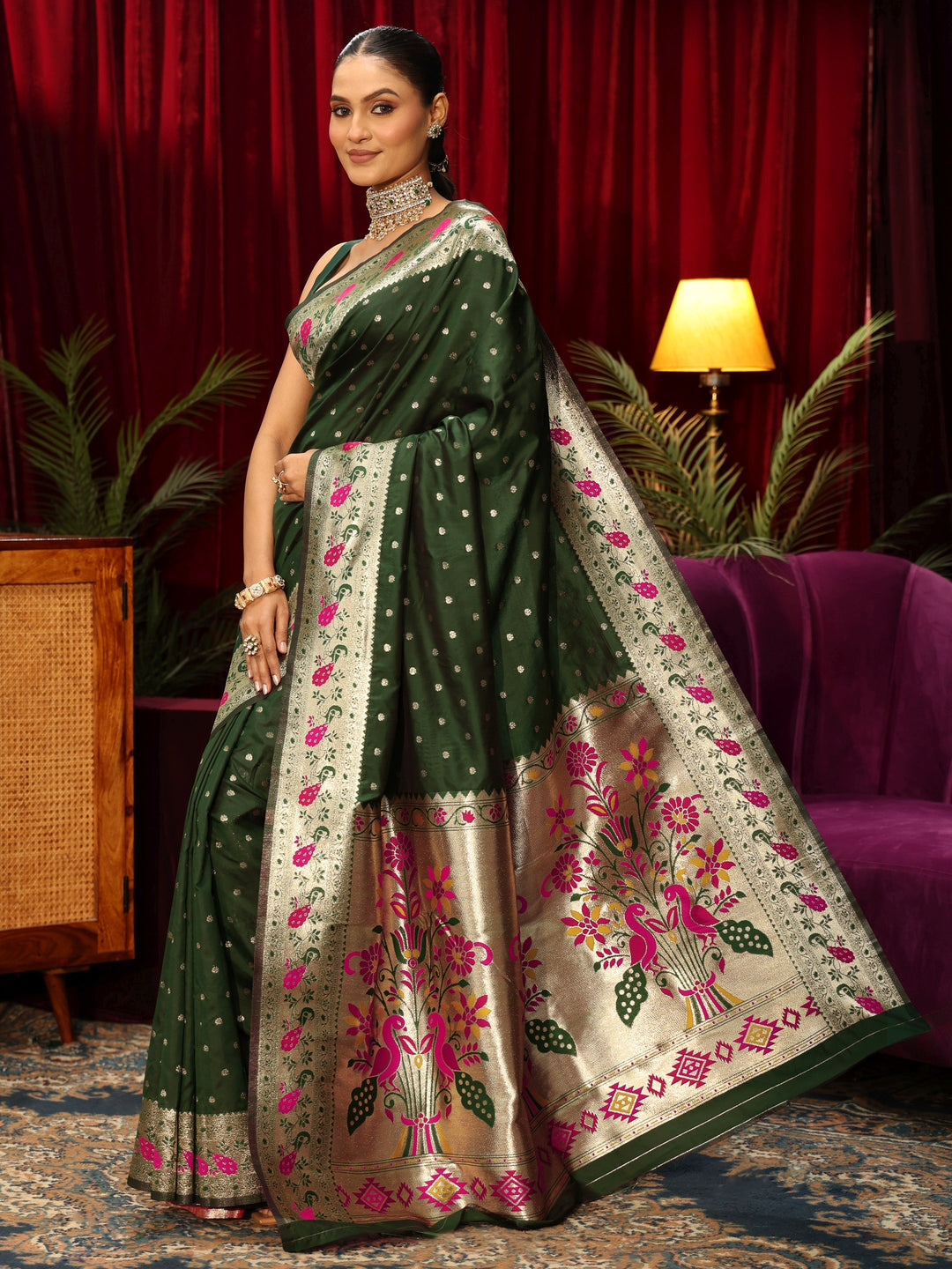 Libas Dark Green Silk Blend Paithani Saree 