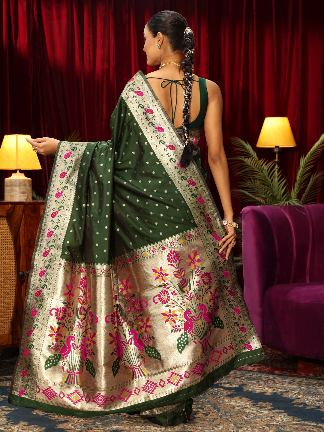  Libas Dark Green Silk Blend Paithani Saree 