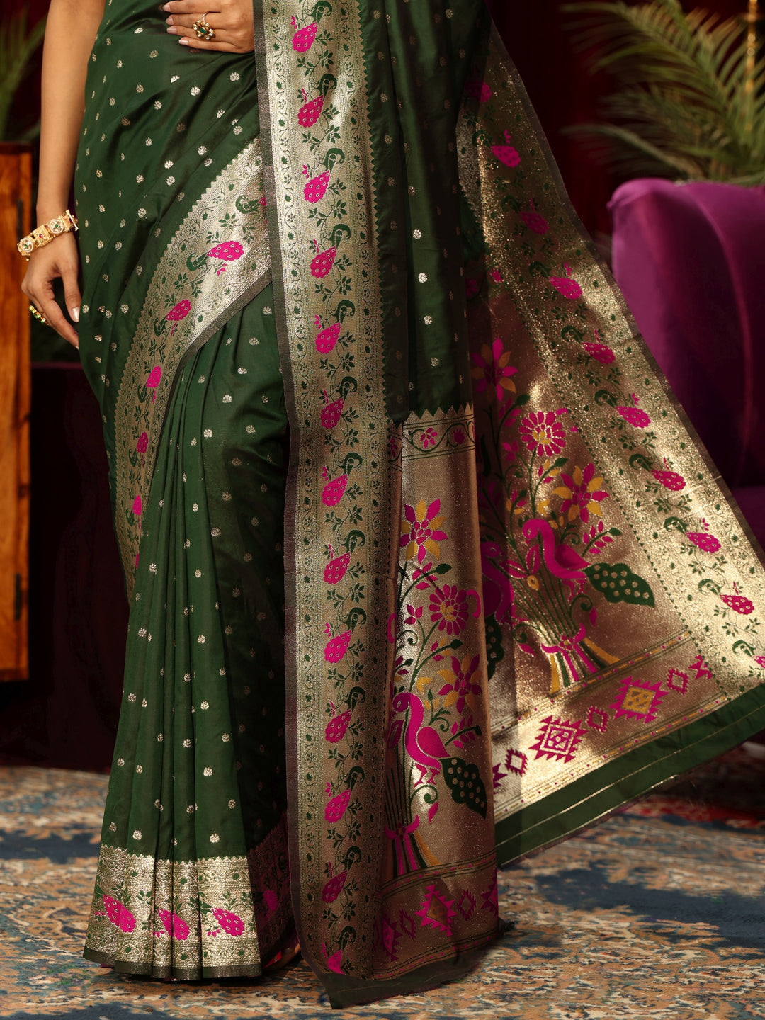  Libas Dark Green Silk Blend Paithani Saree 