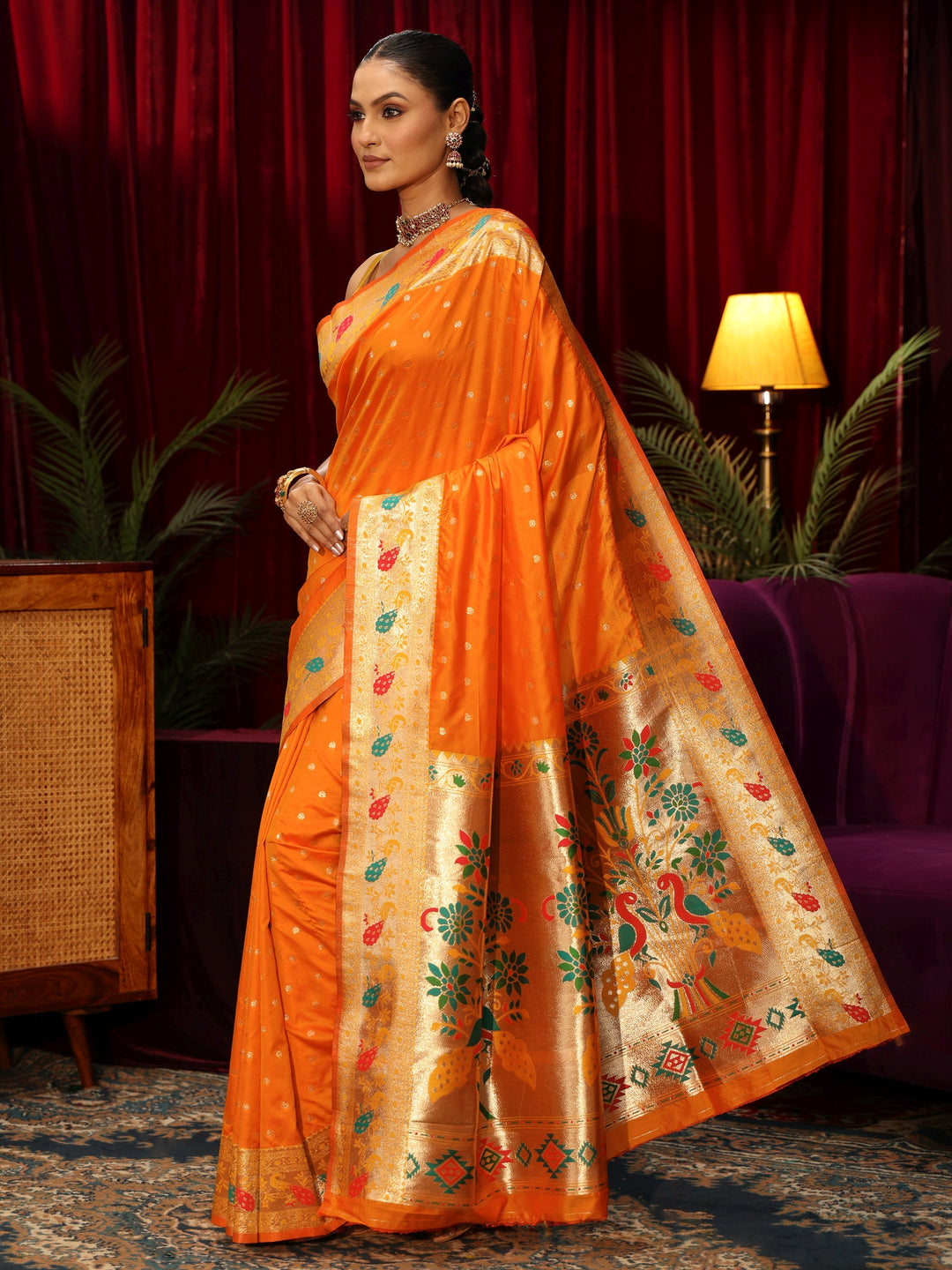 Libas Orange Silk Blend Paithani Saree 