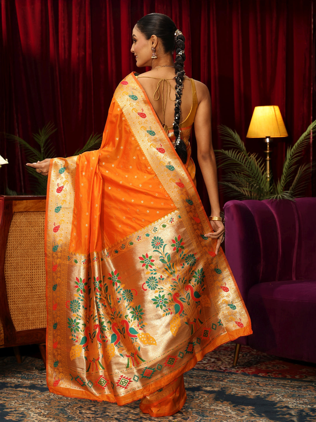  Libas Orange Silk Blend Paithani Saree 