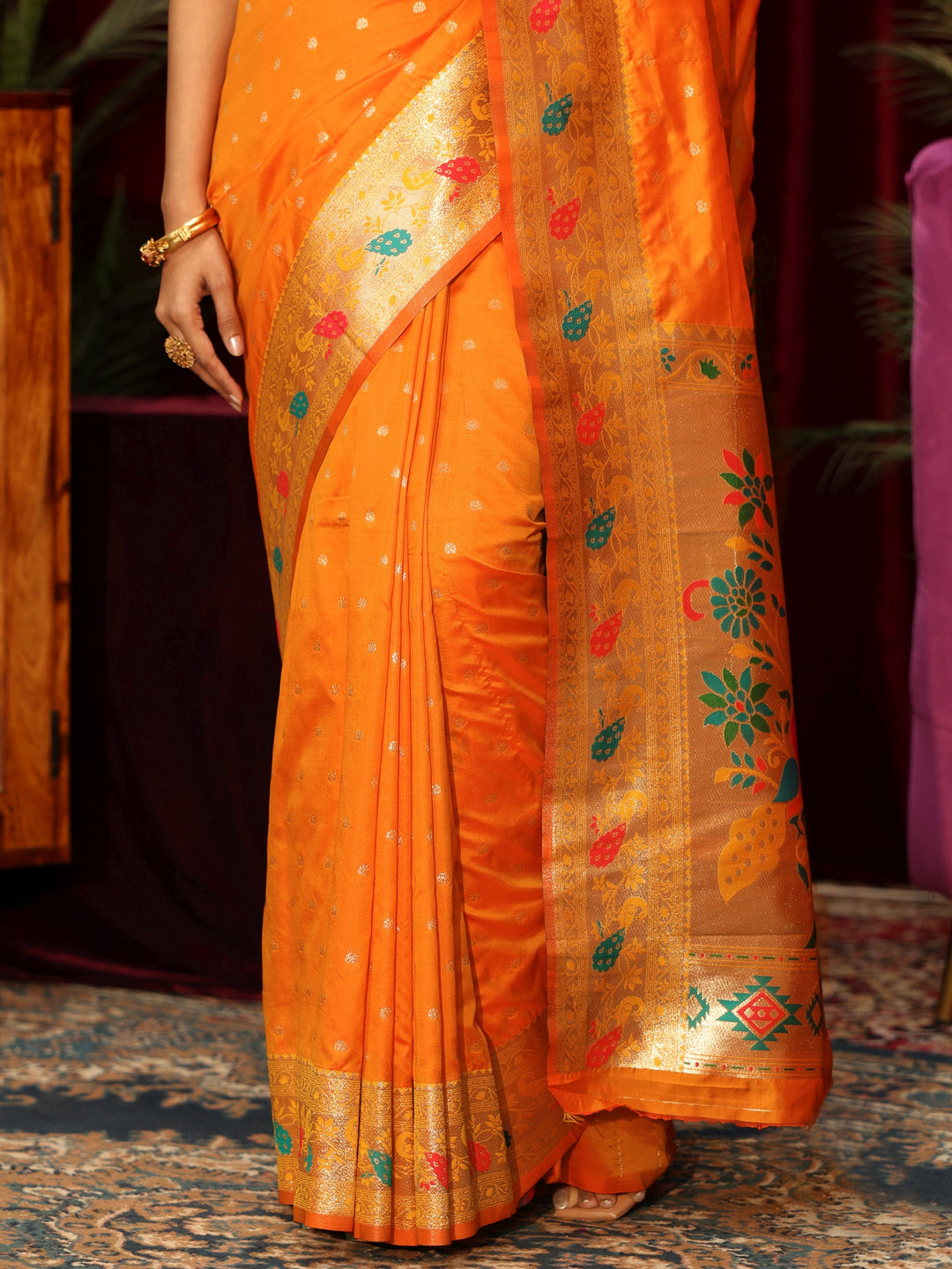  Libas Orange Silk Blend Paithani Saree 