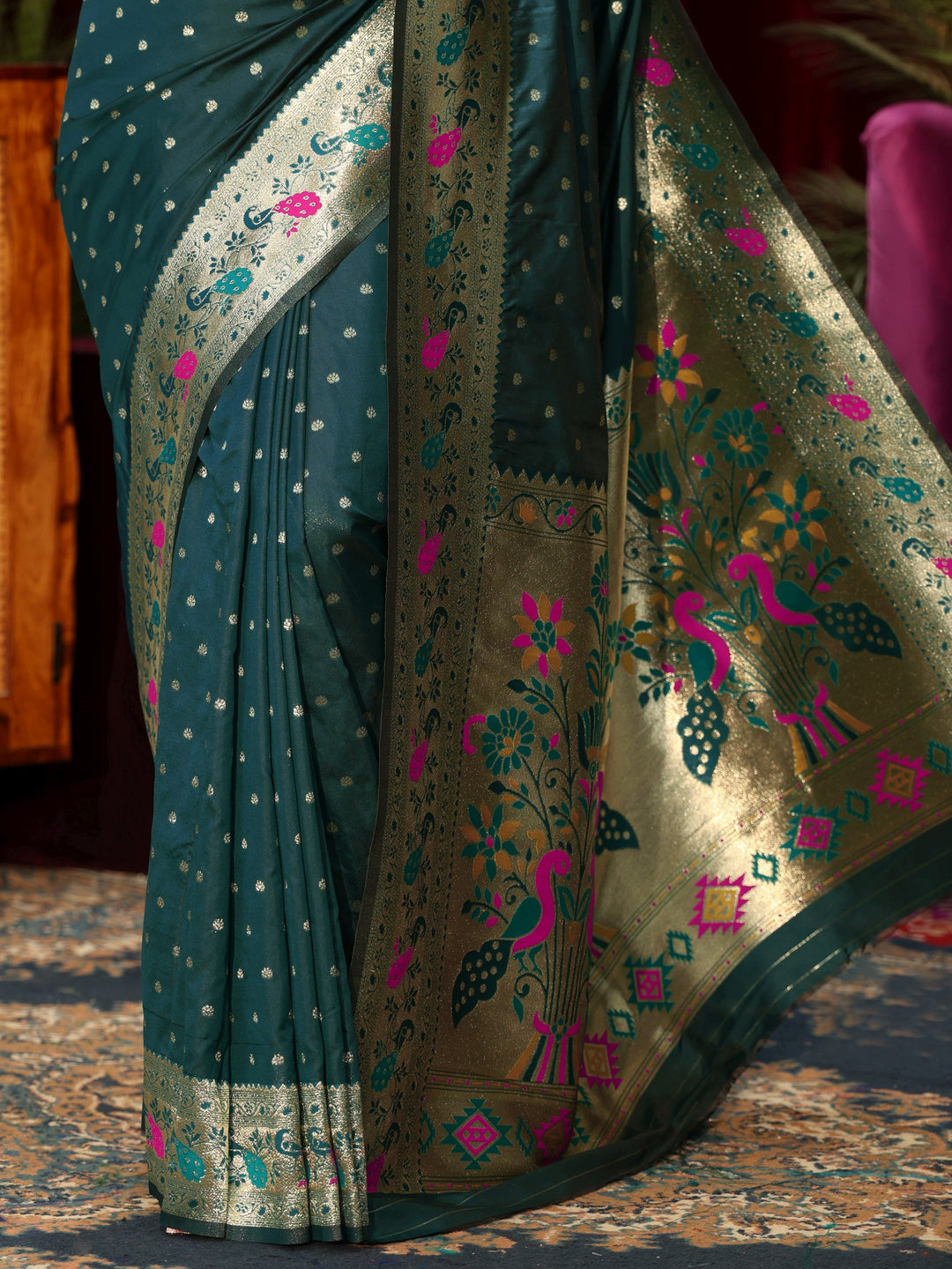  Libas Deep Teal Blue Silk Blend Paithani Saree 