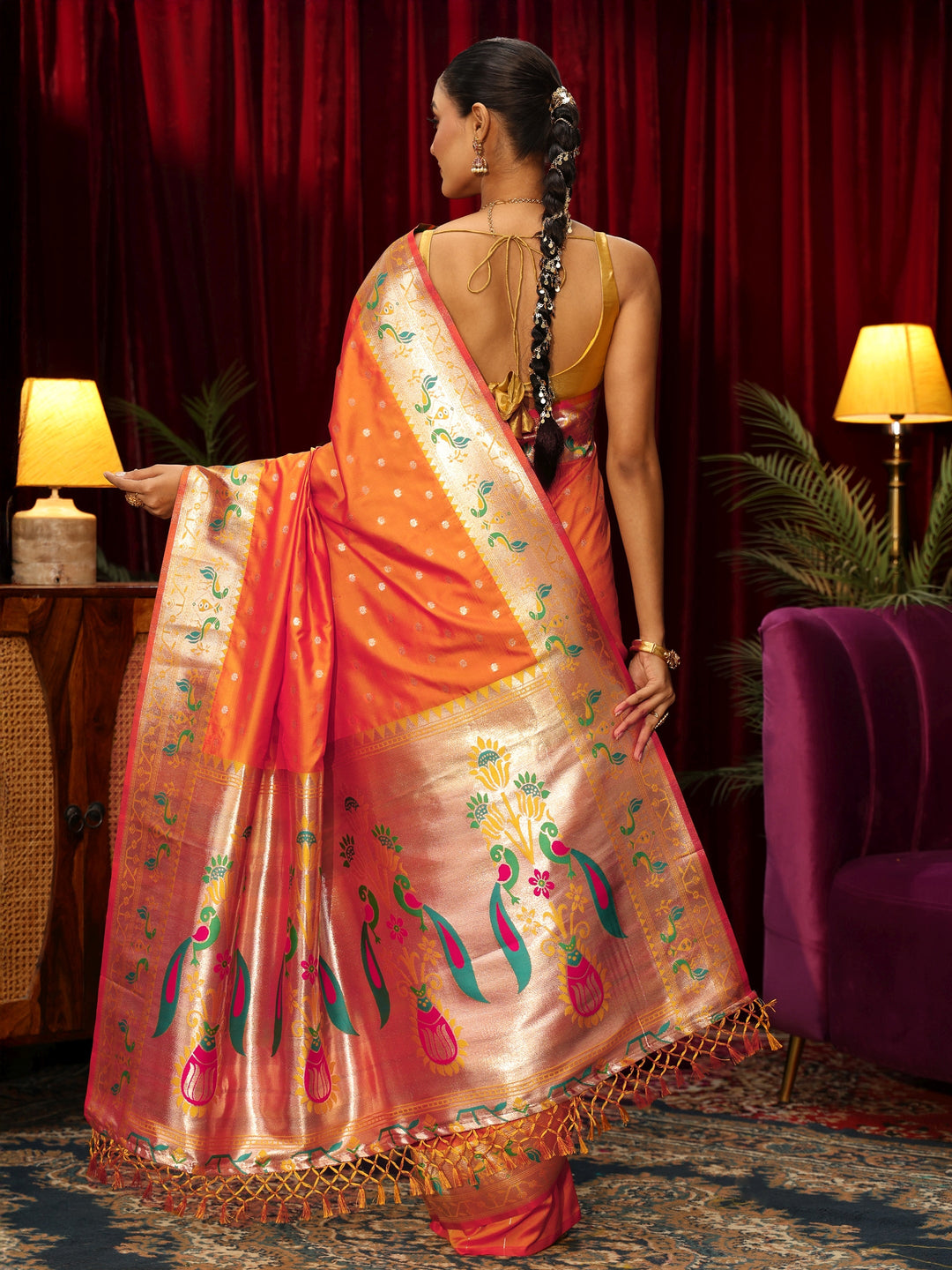  Libas Orange Silk Blend Paithani Tassel Saree 