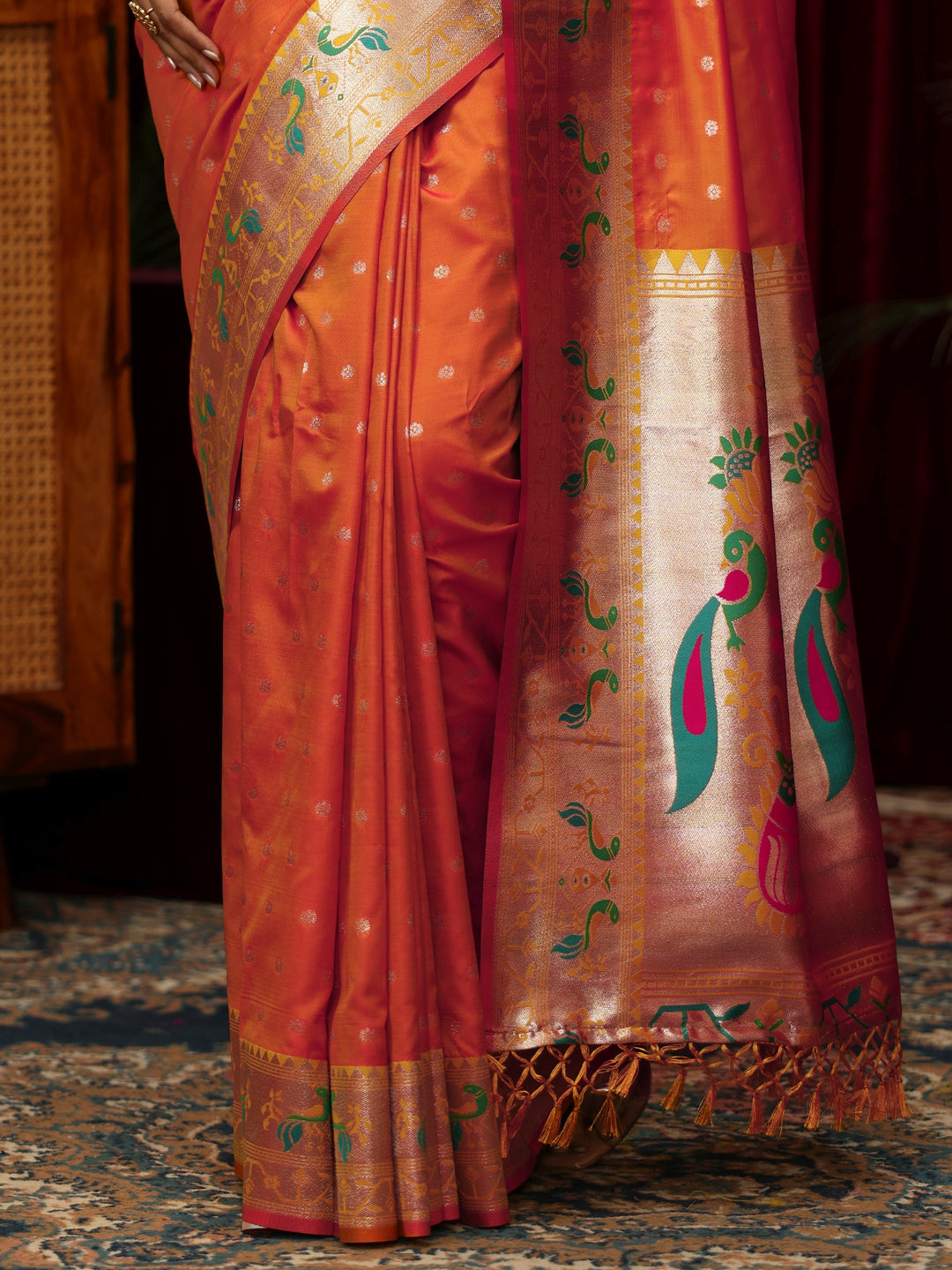  Libas Orange Silk Blend Paithani Tassel Saree 