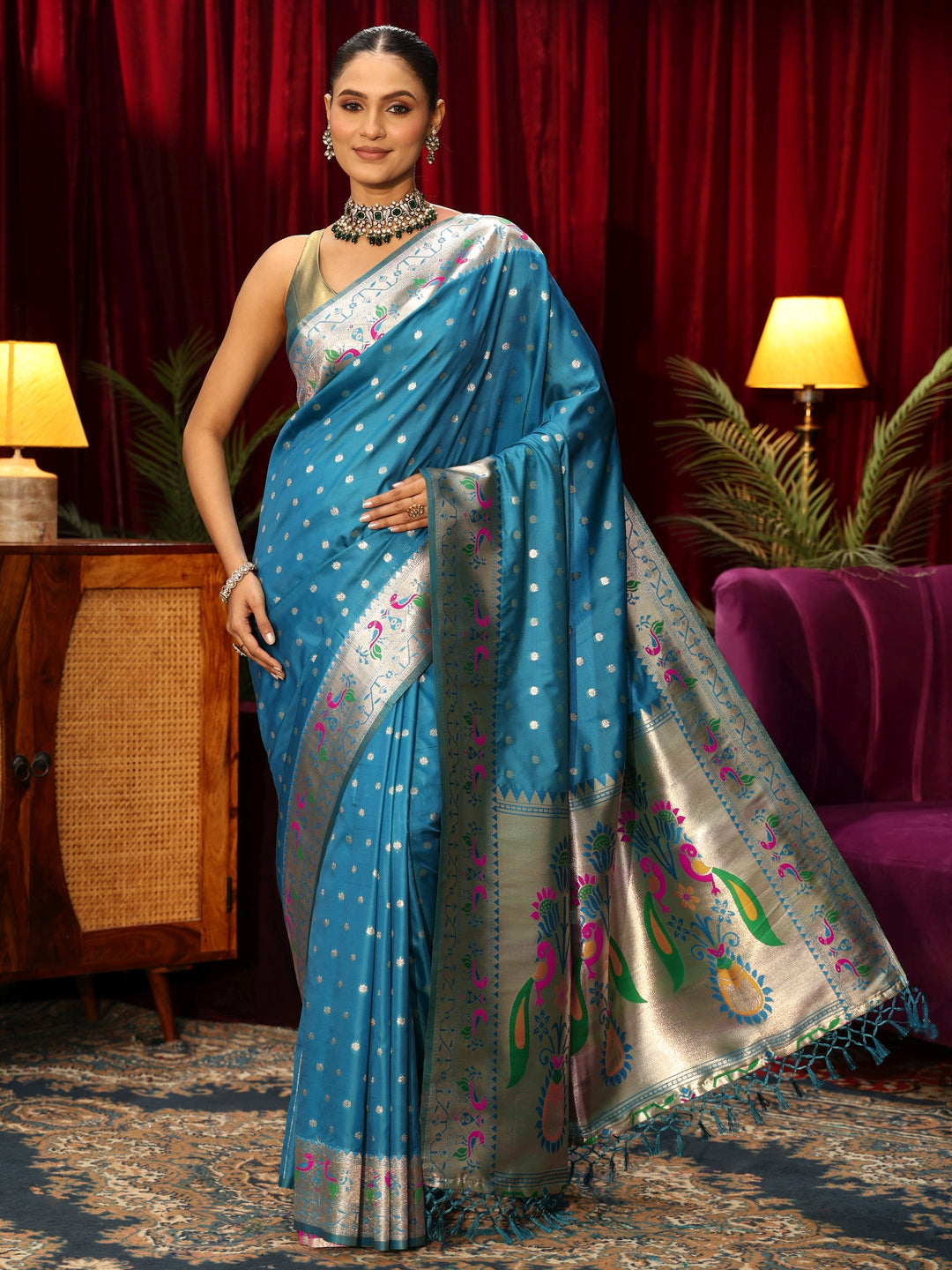  Libas Teal Blue Silk Blend Paithani Tassel Saree 