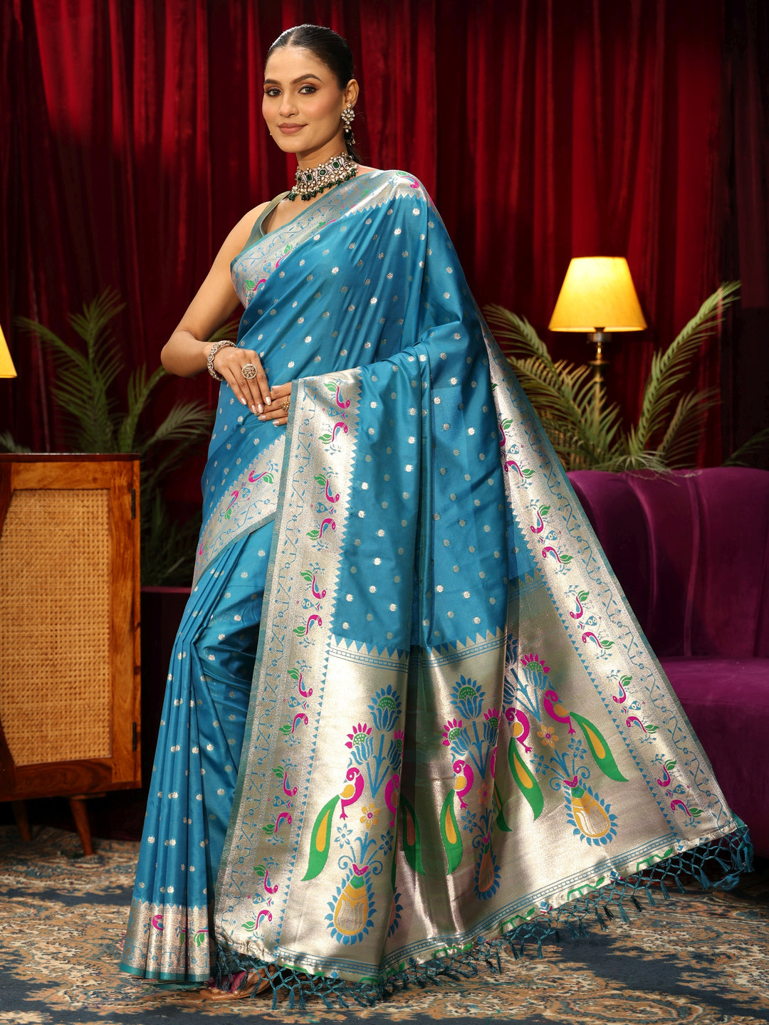  Libas Teal Blue Silk Blend Paithani Tassel Saree 