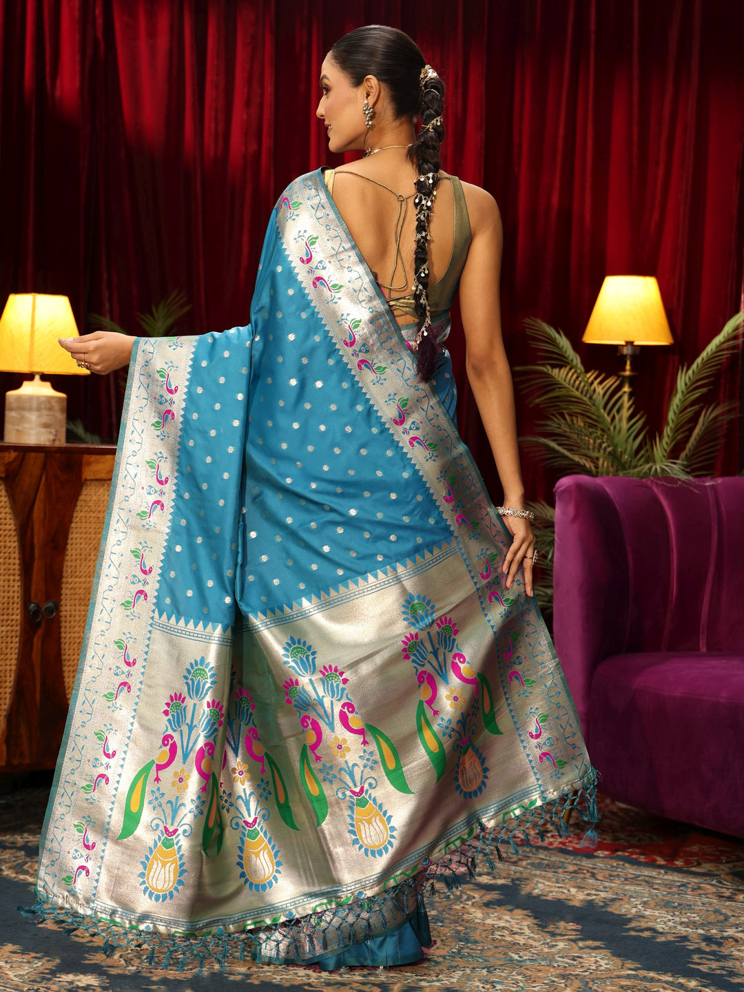  Libas Teal Blue Silk Blend Paithani Tassel Saree 
