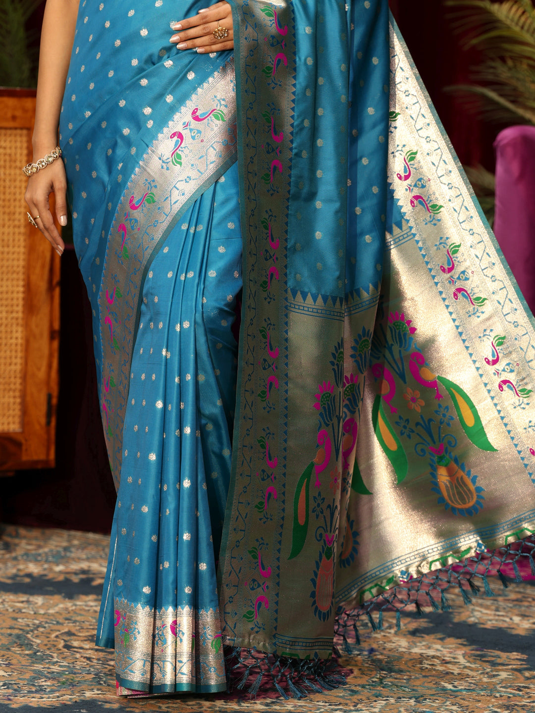  Libas Teal Blue Silk Blend Paithani Tassel Saree 