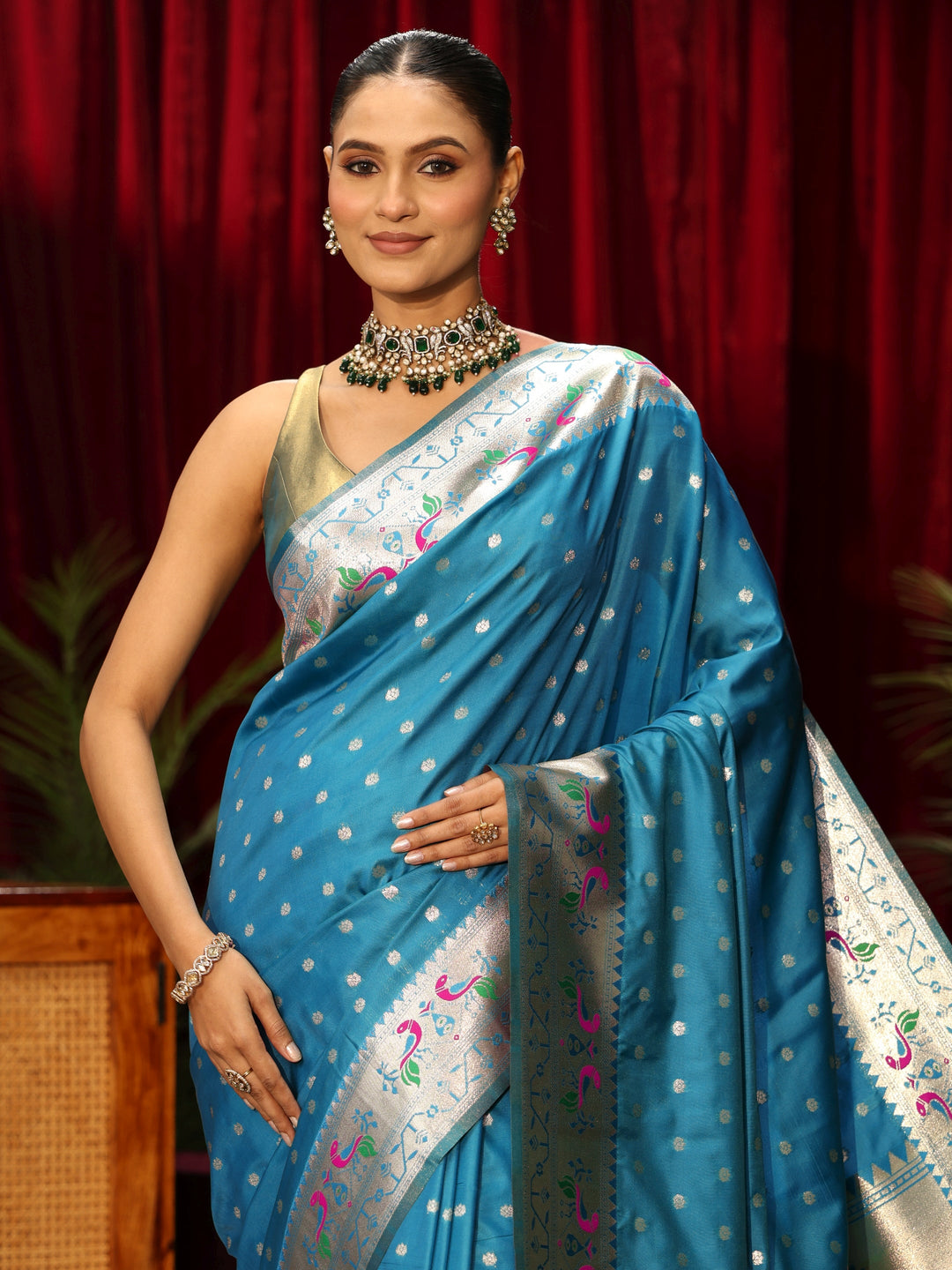  Libas Teal Blue Silk Blend Paithani Tassel Saree 