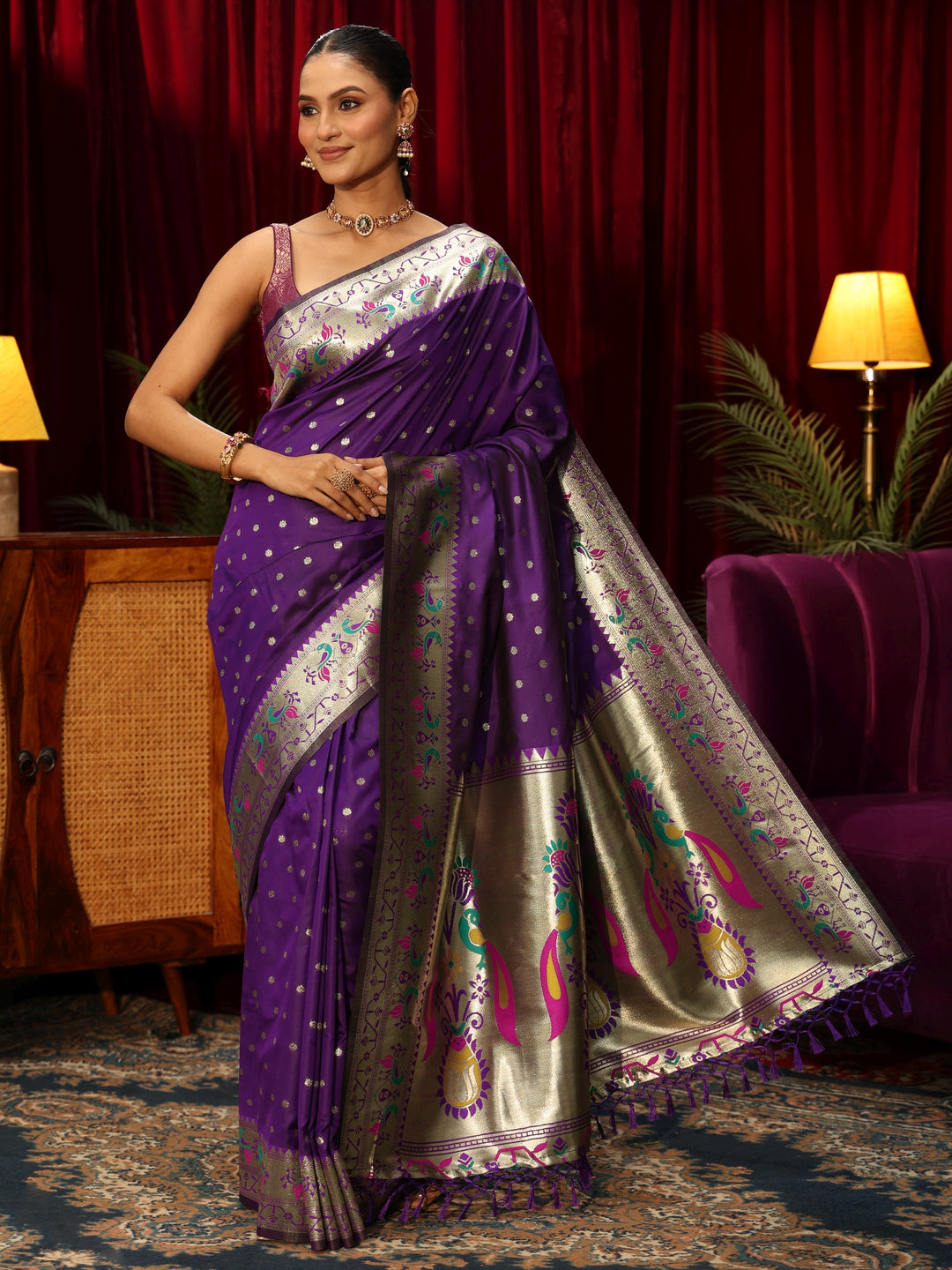  Libas Royal Purple Silk Blend Paithani Tassel Saree 