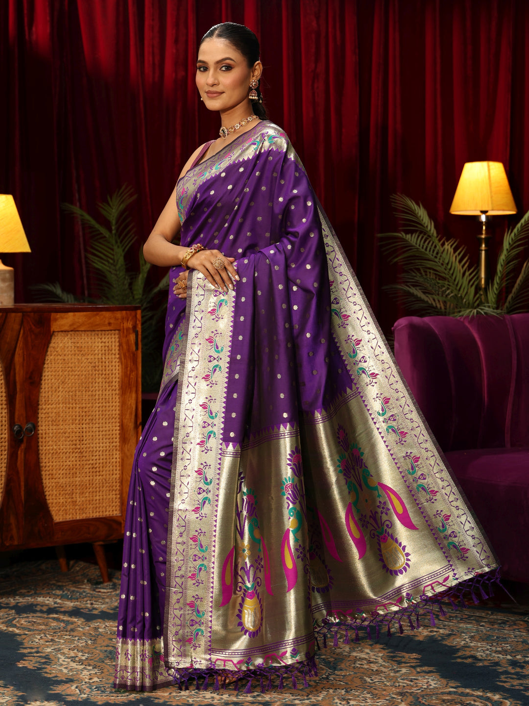  Libas Royal Purple Silk Blend Paithani Tassel Saree 