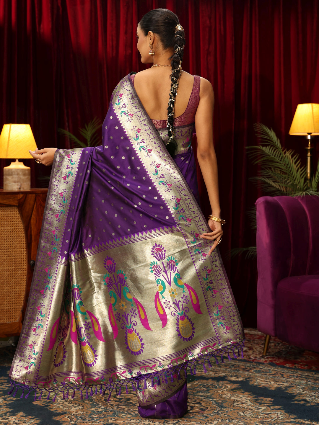  Libas Royal Purple Silk Blend Paithani Tassel Saree 