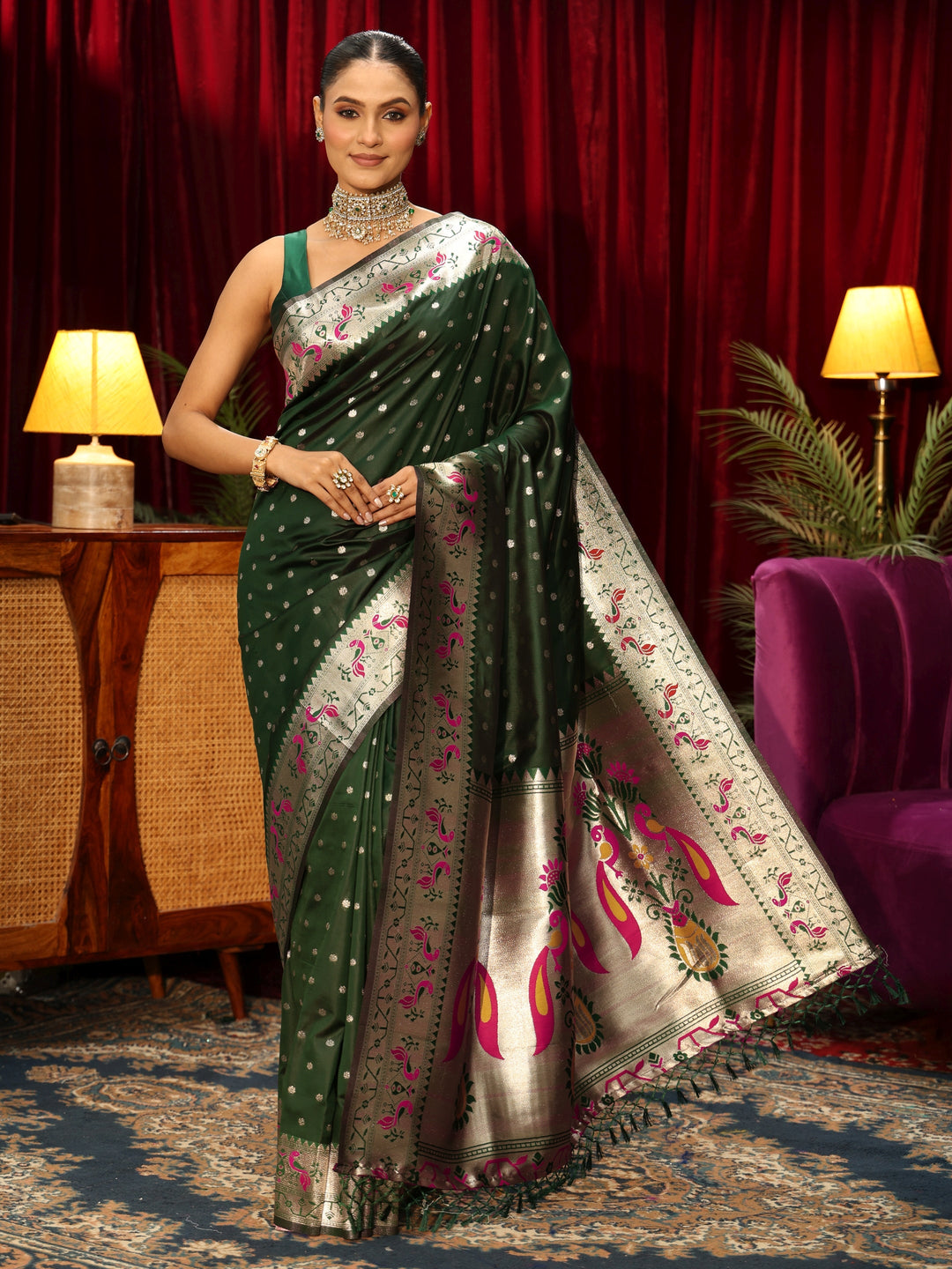  Libas Dark Green Silk Blend Paithani Tassel Saree 