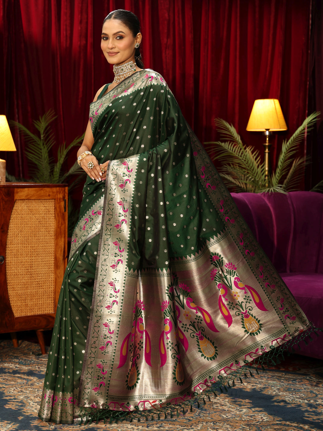  Libas Dark Green Silk Blend Paithani Tassel Saree 